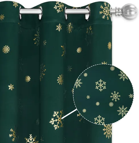 Vista 2 de FRAMICS Cortinas de Navidad con estampado de copos de nieve dorados en papel de aluminio, cortinas opacas con aislamiento térmico para sala de estar