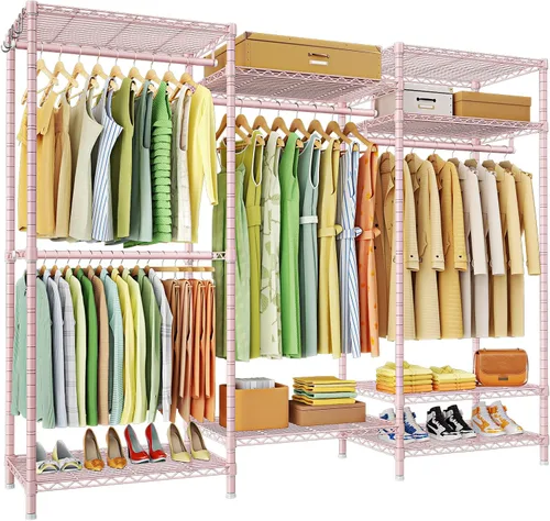Vista 10 de Ulif E13 Perchero de Ropa de Servicio Pesado (Con 4 Barras Colgadoras y 8 Estantes) Percheros Independientes para Colgar Ropa, Organizador de Closet
