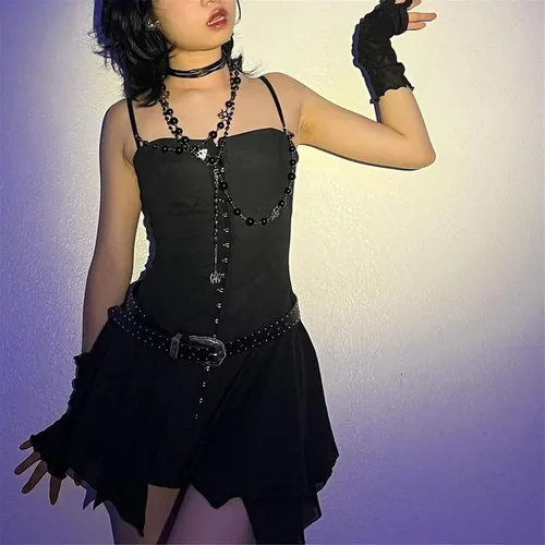 Vista 3 de Vestido vintage de encaje para mujer, con tirantes delgados, estético, punk, grunge, vestido de hada, E-Girl, talla única