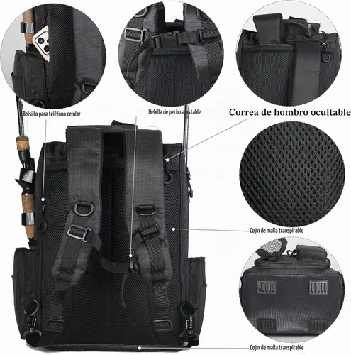 Vista 7 de Fishing Tackle Backpack With Rod Holders, Large 40L Fishing Backpack for Camping, Hiking
