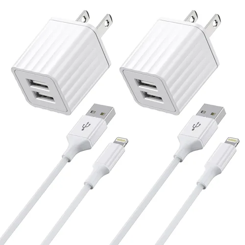 Vista 10 de Cargador de iPhone de 10 pies, bloque de carga rápida para iPhone de doble puerto USB, adaptador de enchufe de pared de 2 paquetes y cable de carga