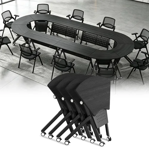 Vista 19 de Mesas de sala de conferencias, mesa de conferencias plegable con ruedas silenciosas, mesa trapezoidal de 47.2 pulgadas, mesa moderna para sala
