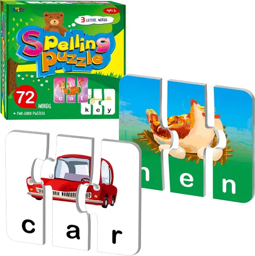 Vista 8 de Juego de 24 tarjetas de rompecabezas de palabras de 3 letras, 72 piezas de rompecabezas de ortografía de palabras autocorrectivos, tarjetas