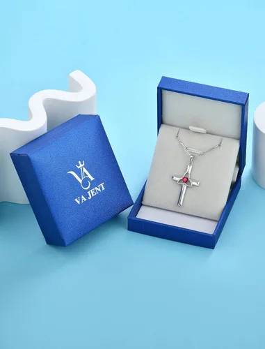 Vista 5 de Collar de cruz celta de plata de ley 925 con colgante de piedra natal chapada en oro blanco para mujer