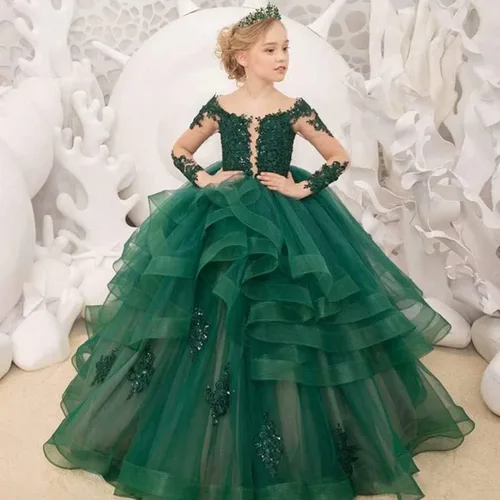 Vista 3 de Kibbih Vestido de niña de flores de manga larga con apliques de princesa de tul escalonado, vestido de baile para niños, disfraces de fiesta