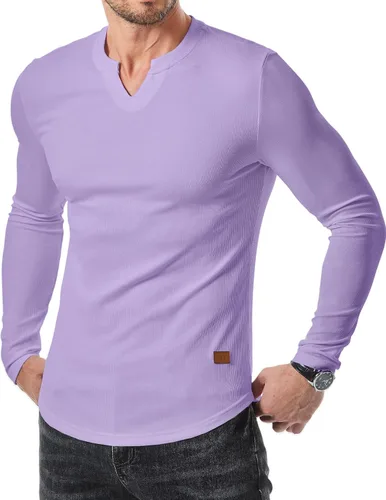 Vista 29 de JMIERR Camisetas de manga larga para hombre, estilo casual, cuello en V Negro+Blanco