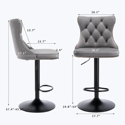 Vista 20 de SoarFlash Juego de 2 taburetes de bar tapizados de terciopelo moderno con patas de madera, botones acolchados, cabeza de clavo cromada, asiento