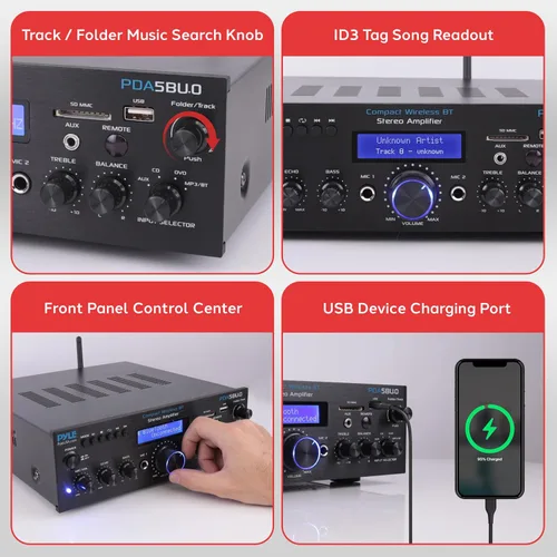 Vista 9 de Amplificador estéreo con Bluetooth de primera calidad, receptor amplificador compacto de 200 W con control remoto, antena FM y puerto USB / AUX