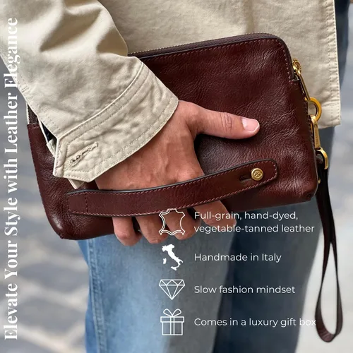 Vista 2 de Time Resistance Bolso de mano de cuero para hombre - Bolsa organizadora para hombres - Bolso de muñeca - Maletín hecho a mano en Italia - Caja