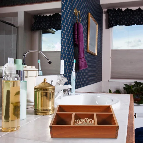 Vista 8 de SOIMISS Bandeja organizadora de maquillaje de madera, compartimento rectangular vintage, caja de almacenamiento de cosméticos con 4 rejillas