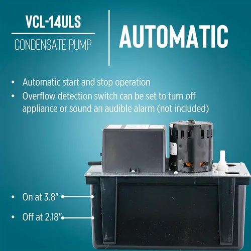 Vista 4 de Little Giant VCL-14ULS 115 voltios, 1/50 HP, 200 GPH, bomba automática de extracción de condensación con tanque de 1 galón y interruptor