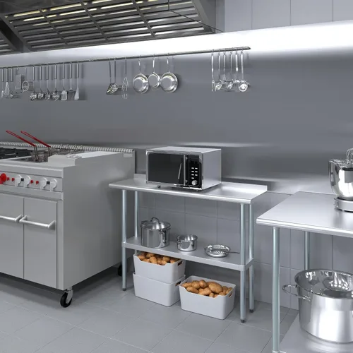 Vista 6 de AmGood Mesa de trabajo de acero inoxidable con protector contra salpicaduras de 1.5 pulgadas Mesa de preparación de alimentos de cocina de metal
