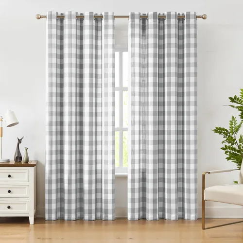 Vista 12 de Amzdecor Cortinas a cuadros con ojales de búfalo de 54 pulgadas de largo, cortinas texturizadas semitransparentes para sala de estar, dormitorio