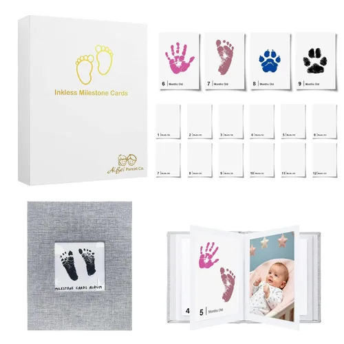 Vista 15 de Little Lullaby - Tarjetas de hitos sin tinta para manos y huellas, kit de almohadilla de tinta para recuerdos para bebé recién nacido (paquete de 6)