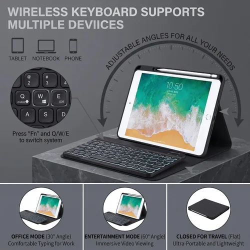 Vista 4 de Funda de teclado retroiluminada para iPad de 9.7 pulgadas 2018 (6ª generación) / iPad 2017 (5ª generación) / iPad Air 2/1, teclado inalámbrico Negro