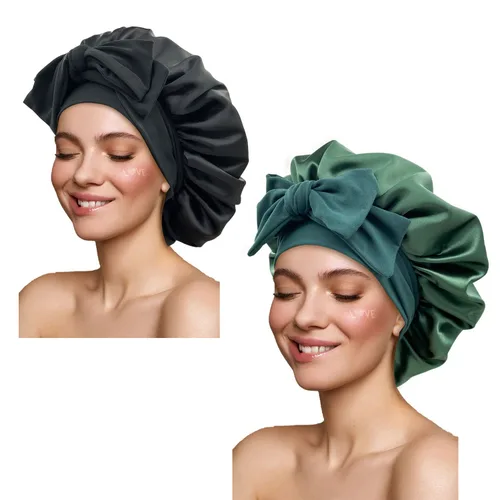 Vista 10 de Gorro de satén de seda para dormir con banda de amarre y tiras ajustables, para mujeres con cabello rizado y trenzado, color negro, tamaño grande