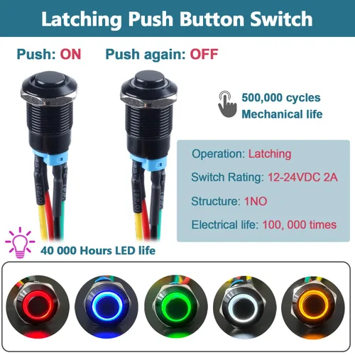 Vista 2 de 2 interruptores de botón con pestillo de 0.472 in con cable pre-soldado de 5.9 in 1NO 12V-24V ON-Off para orificio de montaje de 1/2 pulgada, anillo