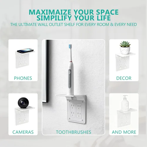 Vista 6 de WALI Repisa de doble enchufe de pared – Estante de baño dúplex para cepillo de dientes eléctrico, HomePod Mini, Echo Dot y carga de teléfono – blanco