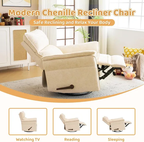 Vista 4 de Sillón reclinable giratorio de gran tamaño con reposacabezas ajustable, mecedora para guardería con reposabrazos sobrerelleno, silla reclinable Beige