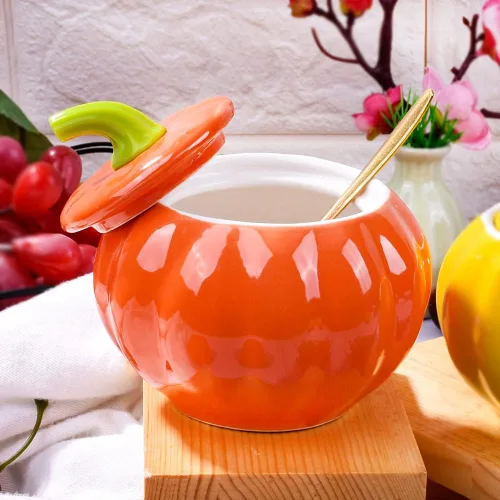 Vista 6 de Azucareros de porcelana con tapa y cucharas, cuenco de sal de cerámica con forma de calabaza para el hogar y la cocina, diseño elegante