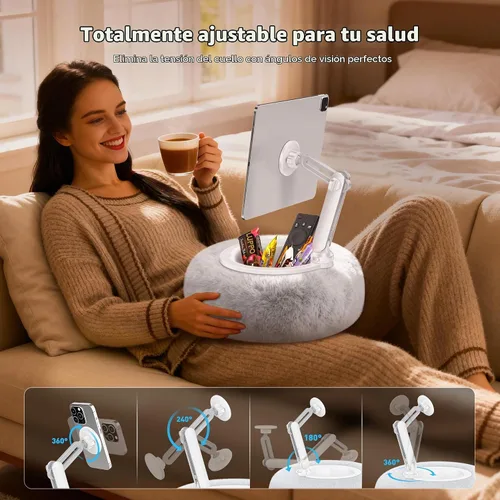 Vista 5 de AboveTEK Soporte de almohada Kindle, soporte magnético para iPad para cama con cuenco de aperitivo, almohada suave ajustable de 360° para leer Gris