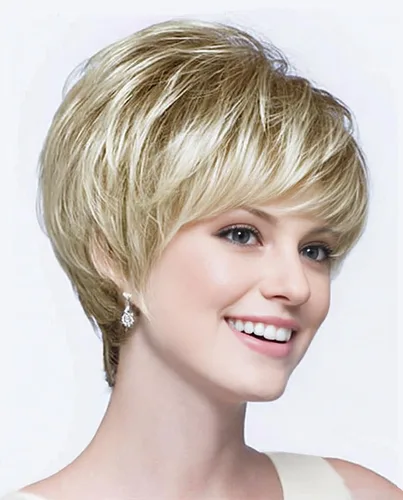 Vista 19 de Pelucas cortas gris plateadas para mujeres blancas, pelucas sintéticas con corte pixie natural y a capas con flequillo, peluca corta de pelo gris