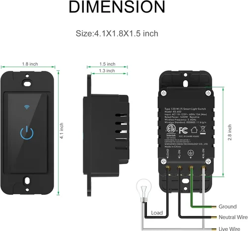 Vista 3 de Smart Light Switch 2.4GHz WiFi Light Switch Compatible with Alexa and Google Home, Single Pole, Needs Neutral Wire (Black)