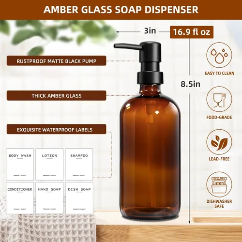 Vista 3 de Dispensador de jabón para platos para cocina, dispensadores de jabón de manos y platos ámbar de 16.9 onzas líquidas, juego de dispensador de jabón