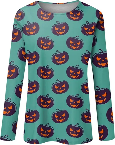 Vista 3 de Camisetas de Halloween de talla grande para mujer, camisetas de manga larga para otoño, lindas y divertidas camisetas de calabaza con fantasma Jack
