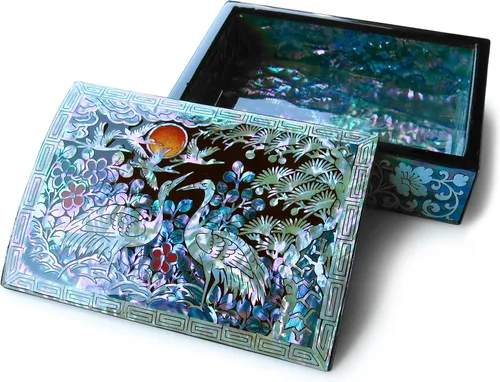 Vista 3 de MADDesign Mother of Pearl Caja de joyería Baratija Diseño de grúas de concha de mar Negro Púrpura