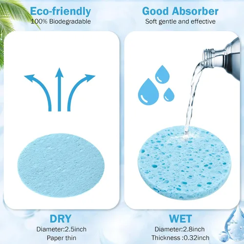 Vista 2 de Amyhill 300 esponjas faciales comprimidas, esponjas faciales naturales para limpieza, almohadillas exfoliantes faciales desechables para Azul