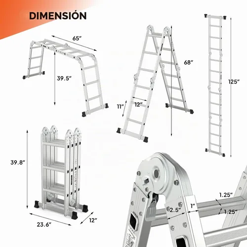 Vista 6 de LUISLADDERS Escalera plegable Extensión de aluminio multiusos 7 en 1 escalón resistente combinación EN 131 estándar (12.5 pies)