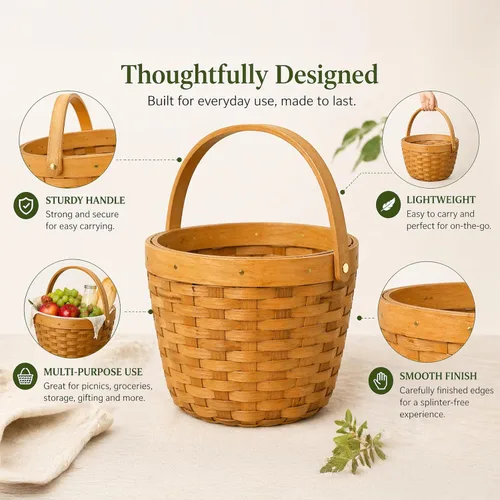 Vista 3 de Vintiquewise Cesta pequeña de recolección de manzanas con asa, cesta de frutas de madera tejida, canasta decorativa de granja para almacenamiento