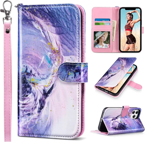 Vista 23 de ULAK Compatible con iPhone 12 Pro Max Funda Cartera con Portarjetas, Funda de Cuero PU con Soporte Plegable Ranuras para Tarjetas Correa de Muñeca