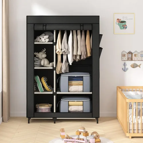 Vista 6 de Calmootey Armario portátil, armario con 6 estantes y barra para colgar, organizador de almacenamiento para dormitorio, funda de tela no tejida con 4