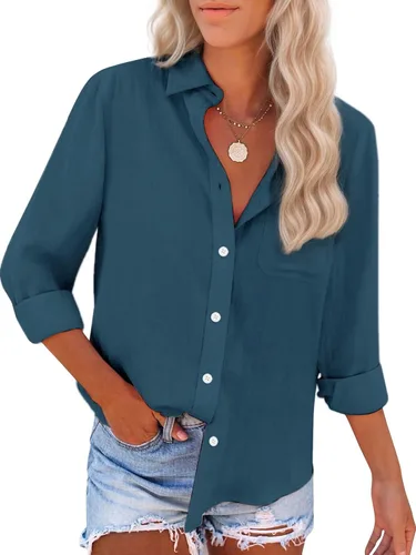 Vista 18 de Camisas de algodón con botones, para mujer, camisas de vestir Oxford, camisas de trabajo de manga larga, blusas con cuello y bolsillo