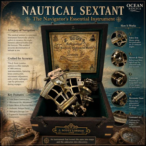 Vista 6 de J. Scott London Brass Sextant - Instrumento de navegación náutica antiguo antiguo antiguo con caja de exhibición de madera dura, decoración