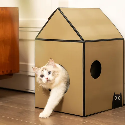 Vista 7 de Conlun Casa de cartón para gatos con almohadilla para rascar y hierba gatera, casa rascador para juegos de gatos para muebles de interior, rascador