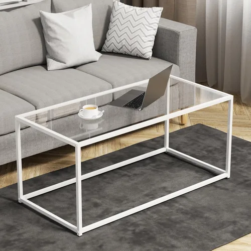 Vista 10 de Mesa de café redonda, pequeña mesa de café negra para sala de estar, mesa central moderna de 27" con tapa de vidrio transparente y marco de metal
