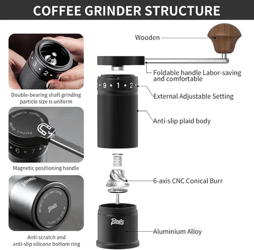 Vista 5 de Bincoo Molinillo de café manual con mango plegable manual – Molinillo de café expreso, compacto y portátil para el hogar, viajes, camping (negro)