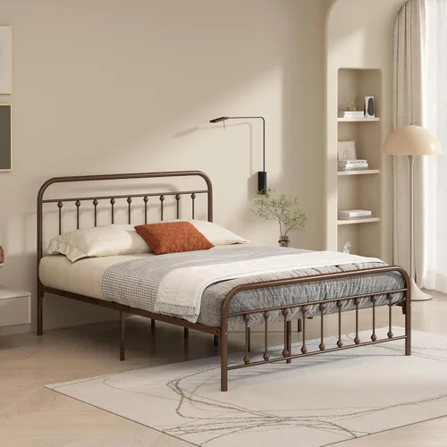 Vista 12 de Marco de cama de metal tamaño matrimonial con cabecero y estribo, sin somier, color blanco
