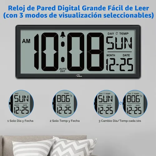 Vista 3 de WallarGe Reloj de pared digital grande de 14.5 pulgadas, funciona con pilas, con números gigantes, temperatura y fecha, fácil de leer y configurar