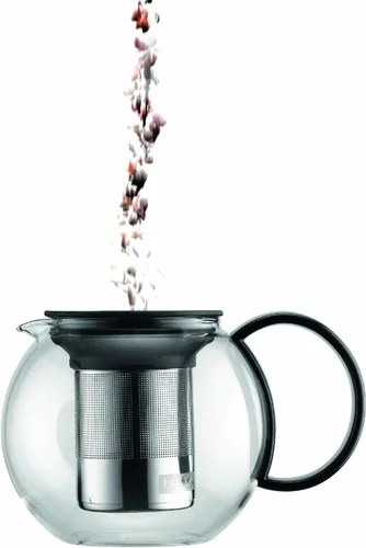 Vista 2 de Bodum Prensa de té de vidrio Assam de 34 oz con filtro de acero inoxidable, tapa de plástico negro