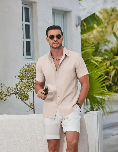 Vista 2 de COOFANDY Camisas casuales con botones para hombre, de manga corta, para verano, playa, texturizadas