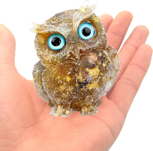 Vista 6 de DIYOMR 2 estatuas de búho de cristal hechas a mano, piedras preciosas curativas de reiki, figuras de animales de búho coloridas que atraen riqueza