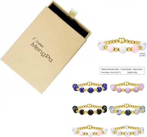 Vista 6 de MengPa Pulseras de cuentas de oro, pulsera de bolas de cuentas de piedra, joyería para mujer