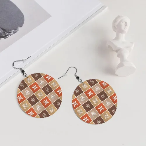 Vista 6 de Aretes redondos de cuero, patrón étnico africano con símbolos Adinkra de piel sintética, aretes colgantes para mujeres y niñas, Cuero sintético, No