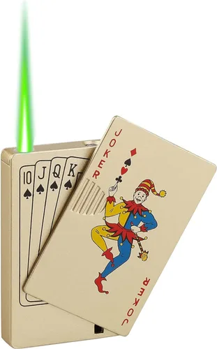 Vista 11 de Encendedor de antorcha de chorro, Ace Card Green Flame Lighter, diseño de póker de metal, resistente al viento, recargable, butano, encendedor