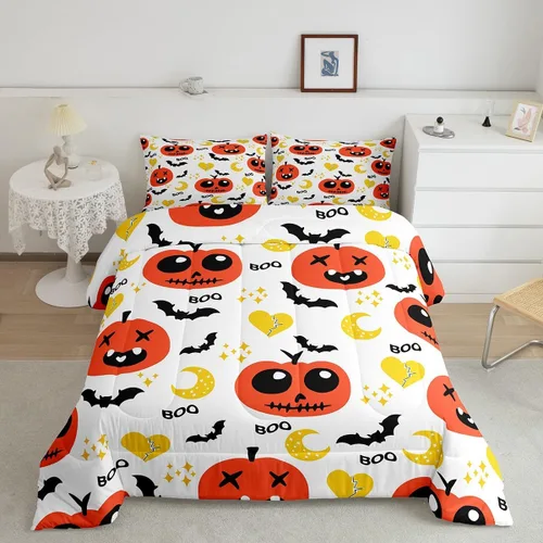 Vista 20 de Feelyou Juego de edredón de Halloween, color rosa fantasma, juego de ropa de cama tamaño individual, decoración para niños y niñas, lindo juego