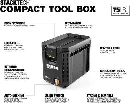 Vista 2 de ToughBuilt StackTech Caja de Herramientas Compacta Organizador con Cerradura con Bandeja Extraíble